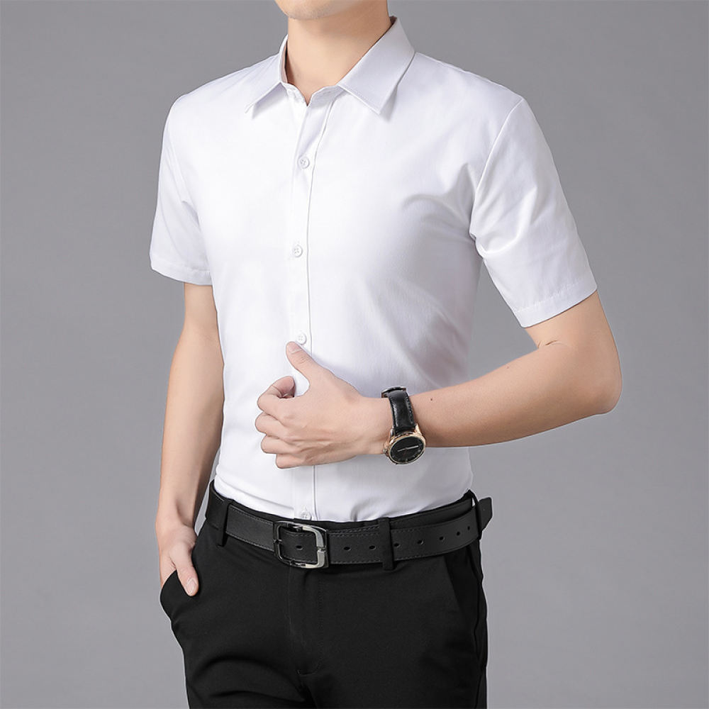 Men Formal Office Wear Shirts - เสื้อเชิ้ตแขนสั้นผู้ชายทรงสลิมฟิต สีพื้น สไตล์ธุรกิจลำลอง ใส่ทำงาน ใส่ทางการ ฤดูร้อน