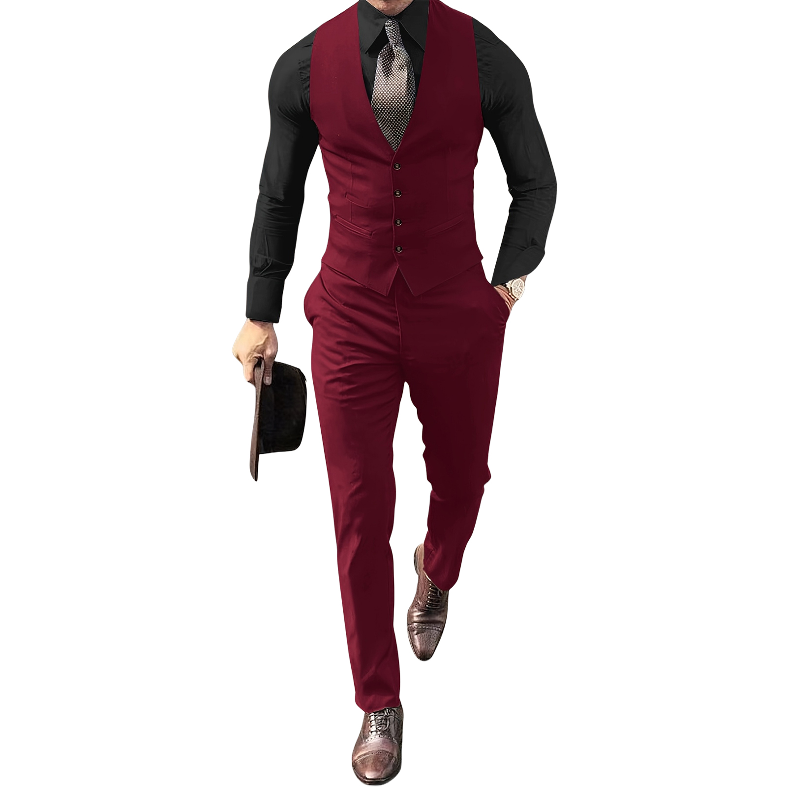 Men Formal Wear Outfits - ชุดสูทผู้ชายสีเบอร์กันดีแบบ 2 ชิ้น ทรงปกติ คอวี เสื้อกั๊กและกางเกงขายาว