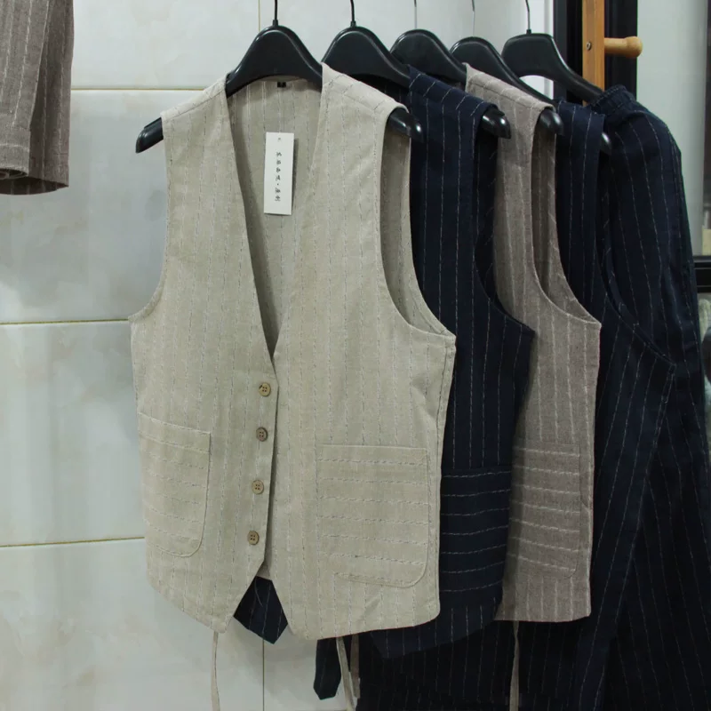 Men Linen Formal Wear - เสื้อกั๊กผ้าลินินสไตล์ลำลองแบบอังกฤษสำหรับผู้ชาย ทรงเข้ารูป ชุดสูทธุรกิจ เสื้อกั๊กแบบมืออาชีพ ผ้าฝ้ายผสมลินิน แขนกุด