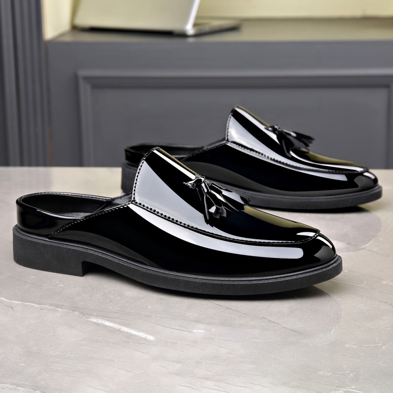 Formal Men Daily Wear Footwear - รองเท้าแตะแบบสวมสำหรับผู้ชาย หนังแก้วสีดำ ตกแต่งพู่ พื้นหนา รองเท้าลำลองกึ่งทางการ สำหรับงานปาร์ตี้และใส่ในชีวิตประจำวัน