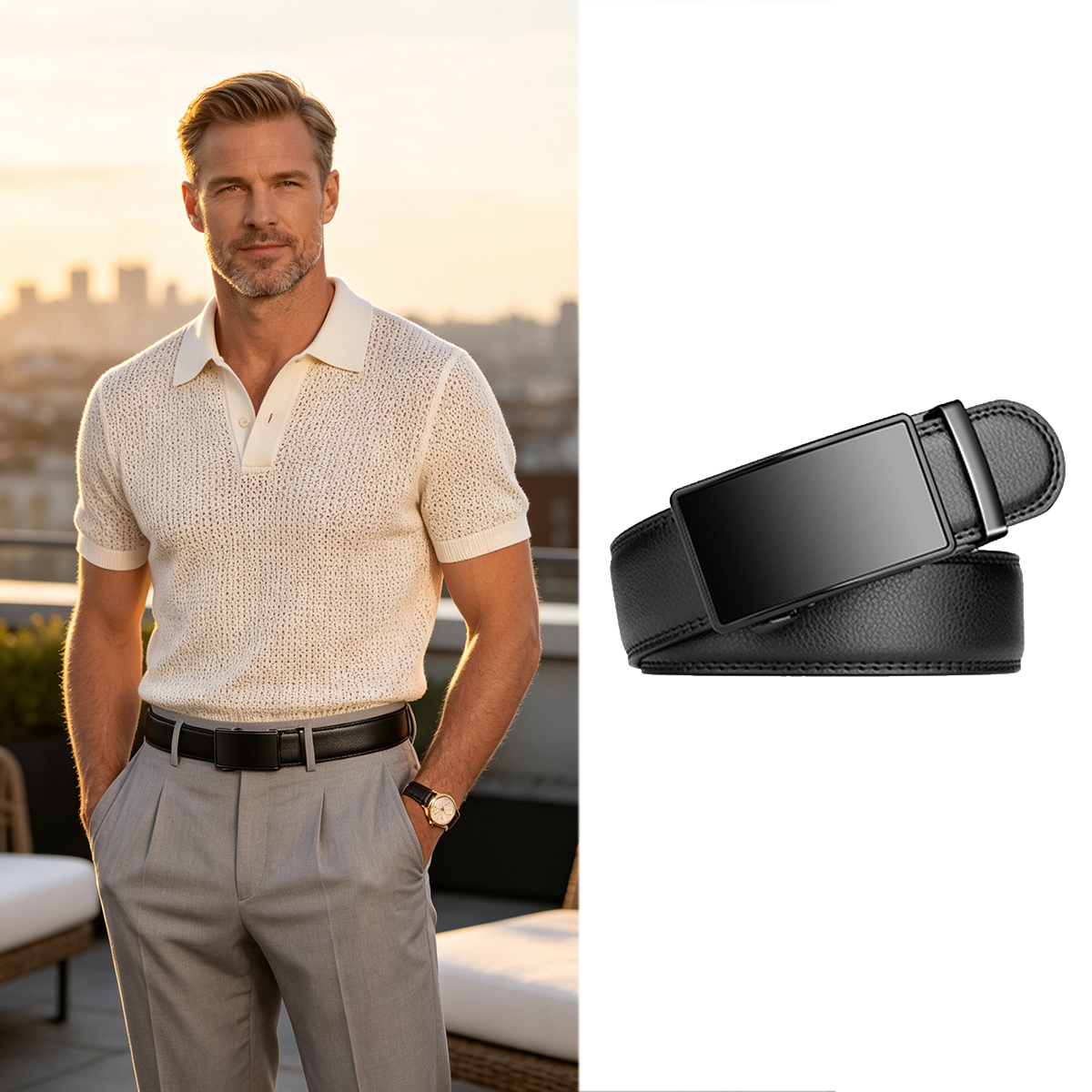 Men'S Formal Wear Belt - เข็มขัดผู้ชายแบบหัวล็อคอัตโนมัติ 1 ชิ้น, เข็มขัดลายลิ้นจี่สำหรับชุดลำลองและธุรกิจ, เข็มขัดแบบปรับระดับได้สำหรับชุดสูท กางเกงยีนส์