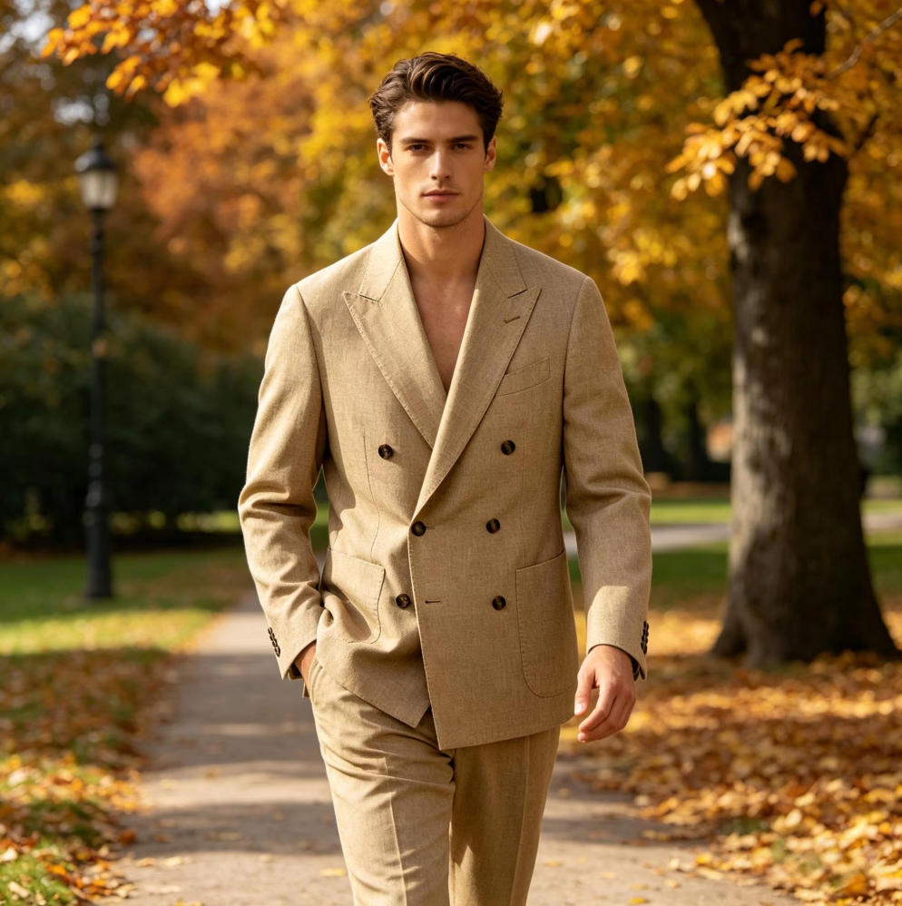 Men Linen Formal Wear - เสื้อเบลเซอร์ผ้าลินินสำหรับผู้ชาย 1 ตัว แบบกระดุมสองแถว มีกระเป๋าปะ เหมาะสำหรับใส่ทำงานประจำวัน