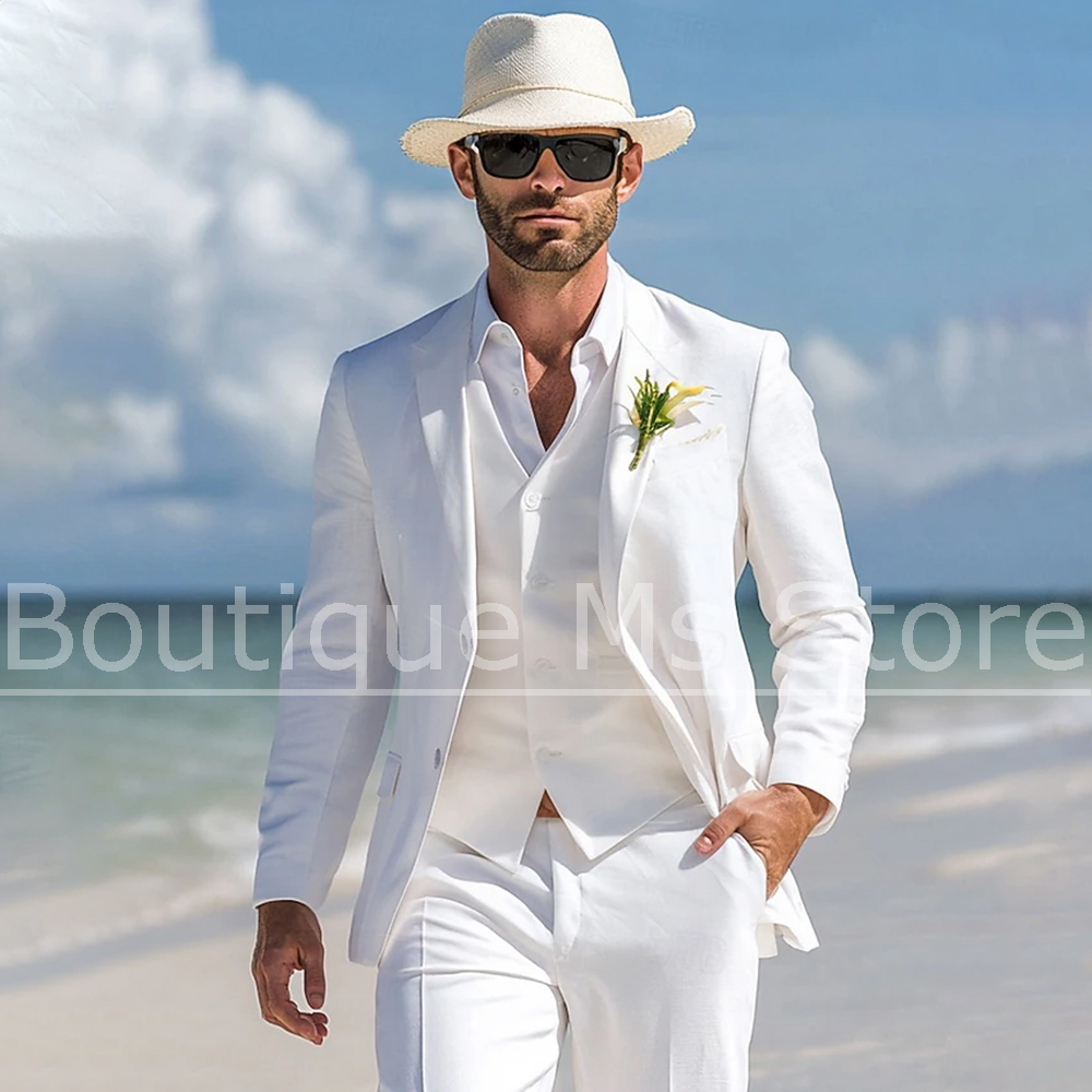 Men Linen Formal Wear - ชุดสูทผ้าลินินสีขาวสำหรับผู้ชาย 3 ชิ้น แบบกระดุมแถวเดียว ปกแบบ Notch