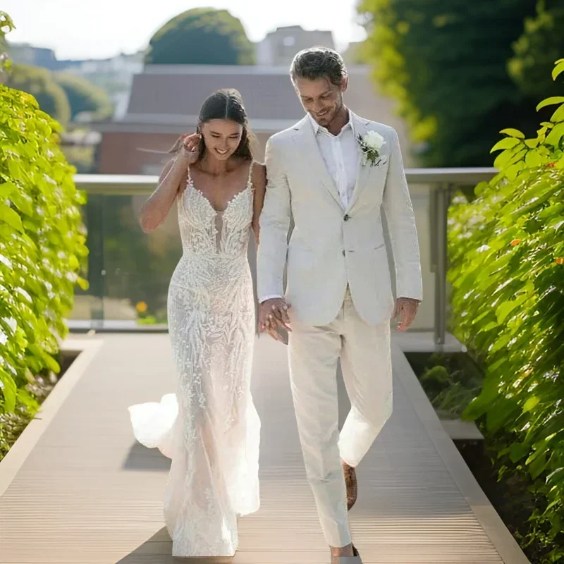 Men Linen Formal Wear - ผ้าลินินงานแต่งงาน Tuxedo สําหรับชายฤดูร้อนชายหาดอย่างเป็นทางการชุด 2 ชิ้น SLIM