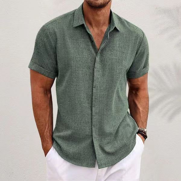 Men Linen Formal Wear - เสื้อเชิ้ตผู้ชายแฟชั่นลำลองสีพื้นผ้าลินินผสมคอตตอนแขนสั้นทรงทางการ ปกเสื้อแบบปกเชิ้ต เนื้อผ้าบางใส่สบายสำหรับใส่ในชีวิตประจำวัน