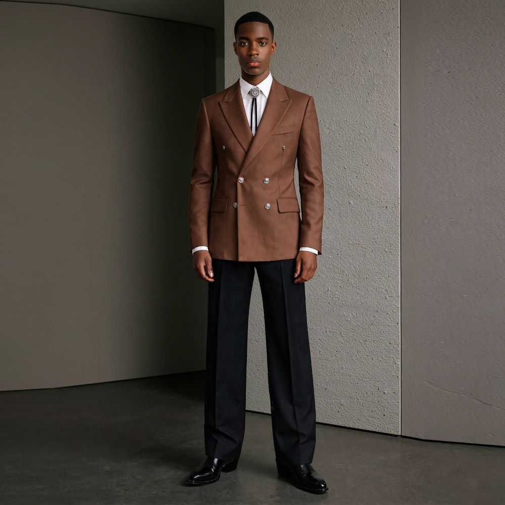 Men Linen Formal Wear - ชุดสูทผู้ชาย 2 ชิ้น ทรงสลิมแบบสบายๆ กระดุมคู่ ทรงกลม
