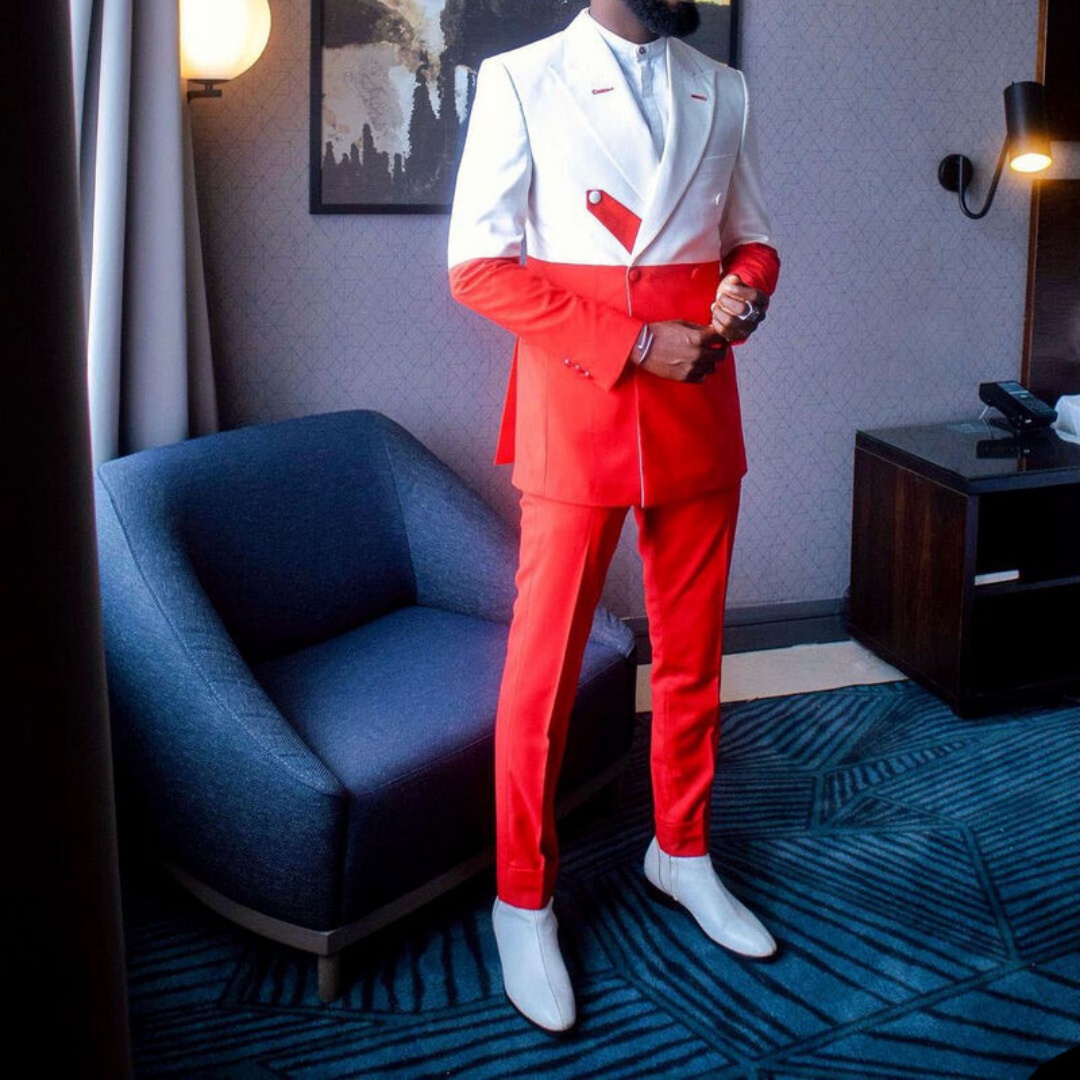 Men'S Formal Wear Not Suit - ชุดสูทผู้ชายใหม่ 2 ชิ้น สีขาวแดง ตัดต่อทรงเข้ารูป สำหรับเจ้าบ่าว