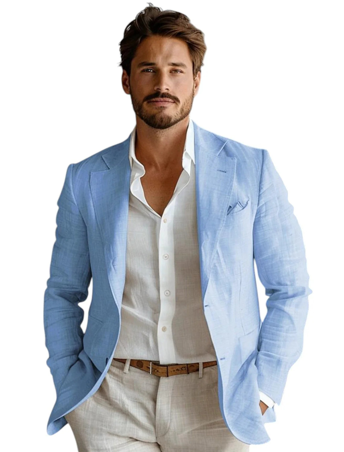 Men Linen Formal Wear - เสื้อเบลเซอร์ผ้าลินินสีน้ำเงินทรงเข้ารูปสำหรับผู้ชาย สไตล์ลำลอง เหมาะสำหรับงานปาร์ตี้ งานพรอม เสื้อโค้ทดีไซน์เนอร์ สำหรับฤดูใบไม้ผลิและฤดูร้อน