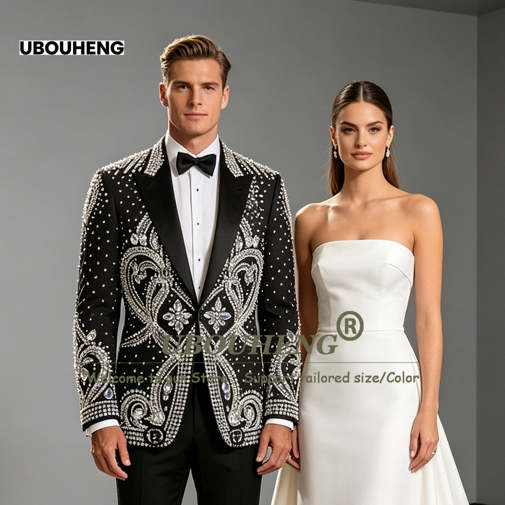 Men Formal Wear Outfits - ชุดสูทแต่งงานสุดหรูสำหรับผู้ชาย ประดับเพชร ชุดเบลเซอร์งานพรอมแบบสั่งตัด ชุดทักซิโด้เจ้าบ่าว 2 ชิ้น