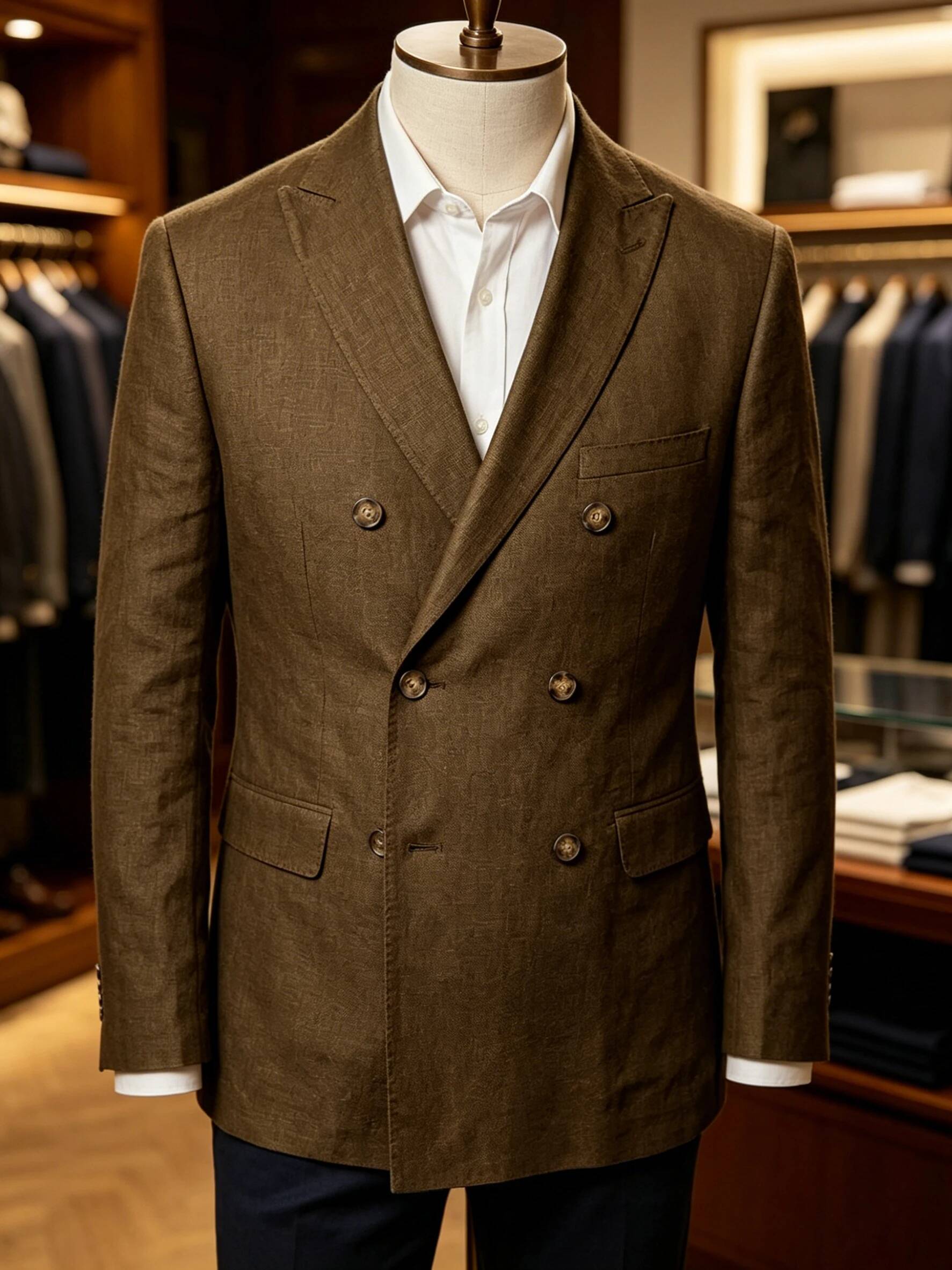 Men Linen Formal Wear - เสื้อโค้ทผู้ชายสำหรับฤดูร้อน แบบกระดุมสองแถว ผ้าลินิน ทรงเข้ารูป สีน้ำตาล สไตล์ลำลอง