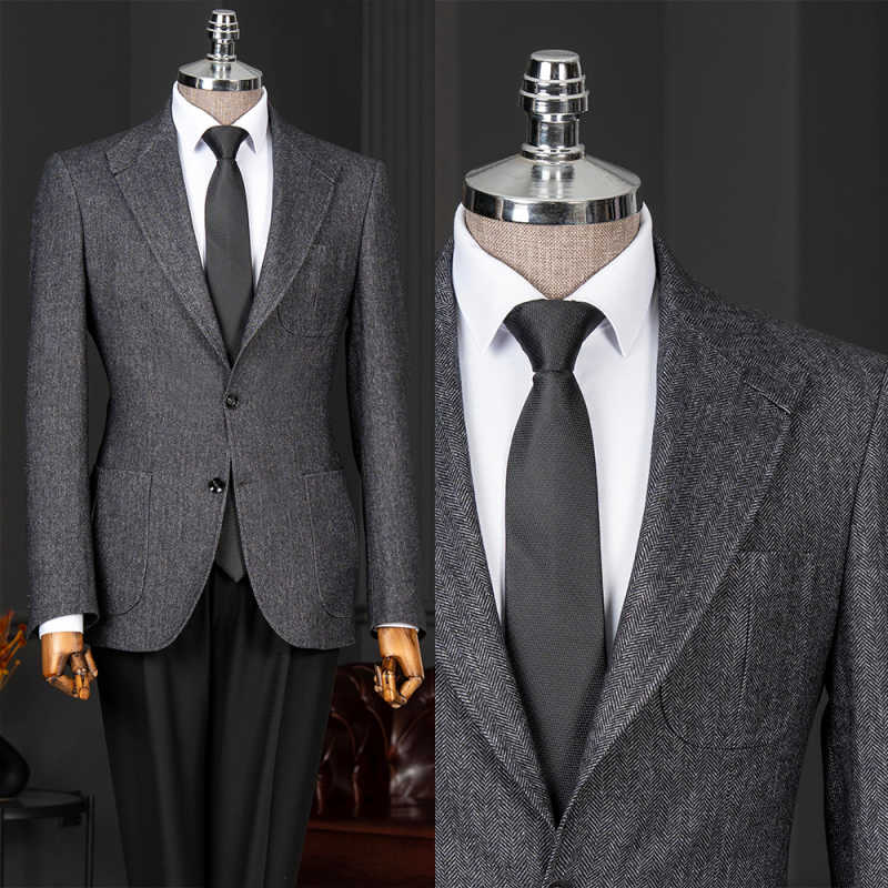Men Linen Formal Wear - ชุดสูทผู้ชายลายก้างปลาแบบคลาสสิก 2 ชิ้น พร้อมปกเสื้อแบบ Notch Lapel