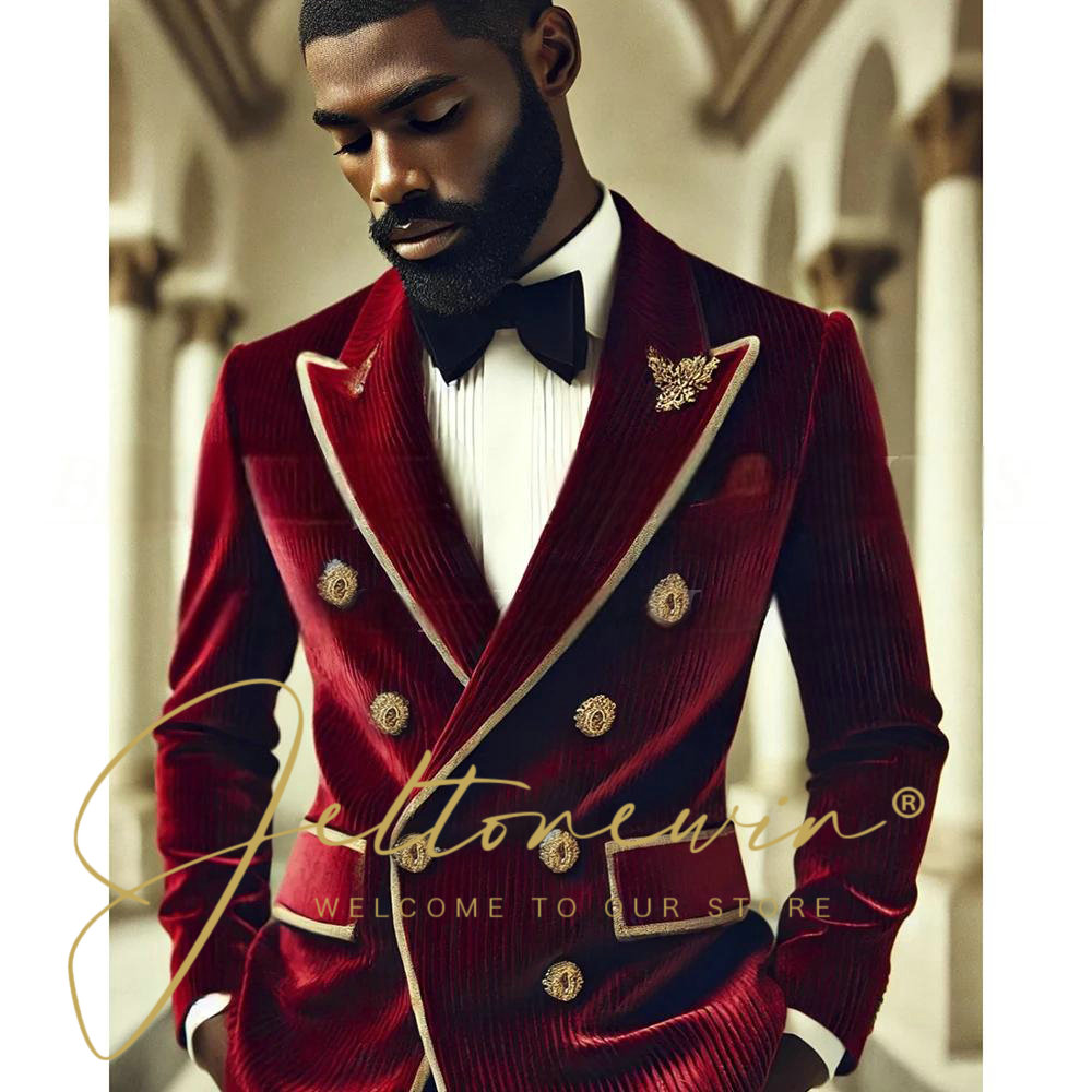 Men Formal Wear For Dinner - ผู้ชาย Elegant Burgundy Corduroy คู่ชุดสําหรับชายปุ่มสวมใส่อย่างเป็นทางการ Tuxedo