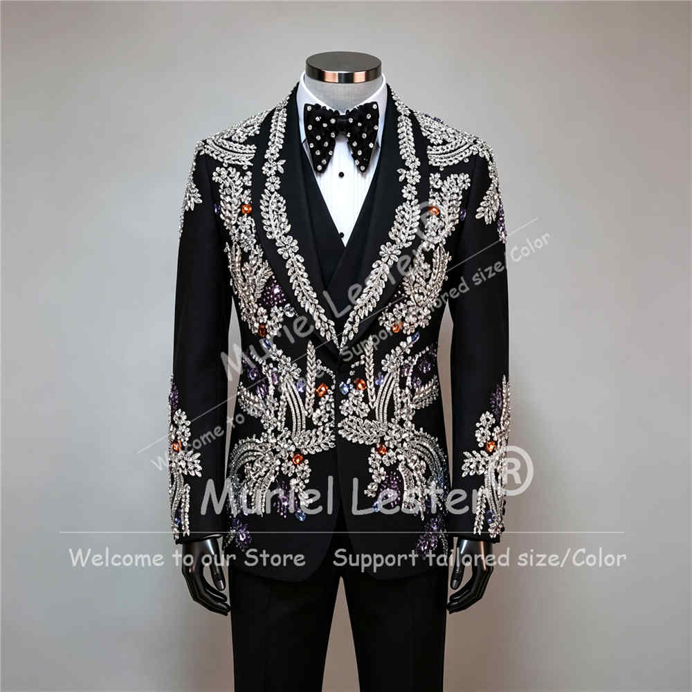 Men Formal Wear For Dinner - ชุดทักซิโด้สำหรับงานแต่งงานผู้ชายสุดหรู ชุด 3 ชิ้น ประดับเพชรและคริสตัลระยิบระยับ เบลเซอร์สำหรับงานพรอม