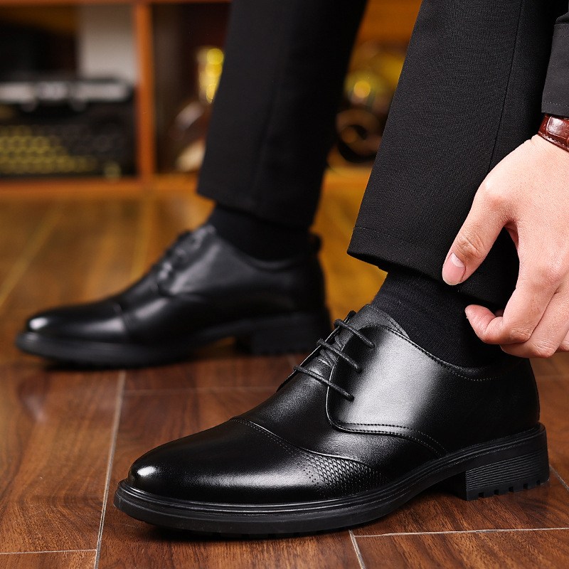 Formal Men Daily Wear Shoes - รองเท้าหนังแท้สีดำสำหรับผู้ชาย แบบผูกเชือก พื้นหนา สไตล์อ็อกซ์ฟอร์ด เหมาะสำหรับงานทางการ ธุรกิจ