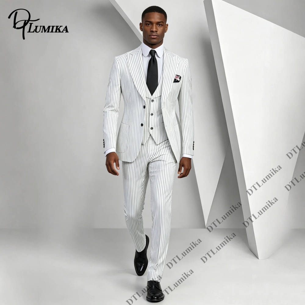 Men Formal Wear Outfits - ชุดสูทผู้ชายลายทางคลาสสิก 3 ชิ้น สีขาวดำ ทรงสลิมฟิต สำหรับงานธุรกิจ