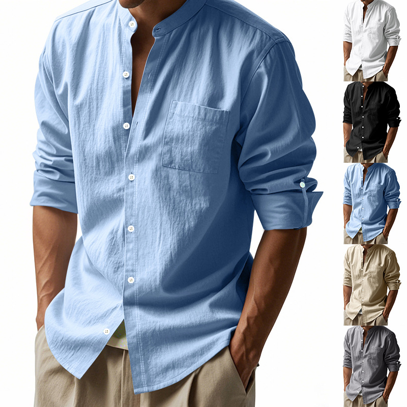 Men Linen Formal Wear - เสื้อเชิ้ตผ้าลินินผู้ชาย คอตั้ง แฟชั่น แขนยาว ทรงหลวม สไตล์ลำลอง