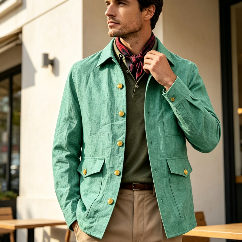 Men Linen Formal Wear - เสื้อแจ็คเก็ตผ้าลินินผู้ชายสไตล์วินเทจ ปกเสื้อแบบปกเชิ้ต กระดุมทอง ทรงเข้ารูป สวมใส่สบาย น้ำหนักเบา