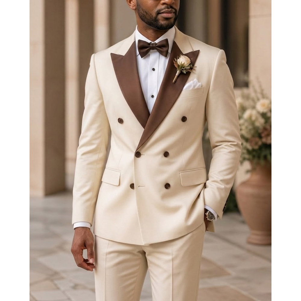 Men Formal Wear Outfits - ชุดทักซิโด้ผู้ชายแบบกระดุมสองแถว แฟชั่นปกแหลม สำหรับงานแต่งงาน งานพรอม งานเลี้ยง ชุดสูท