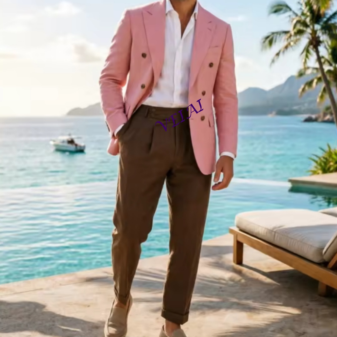 Men Linen Formal Wear - ชุดสูทผู้ชายผ้าลินินสีเบจแบบสองชิ้นสั่งตัดพิเศษ ดีไซน์กระดุมสองแถว สง่างาม เหมาะสำหรับเจ้าบ่าว งานทางการ งานเลี้ยง