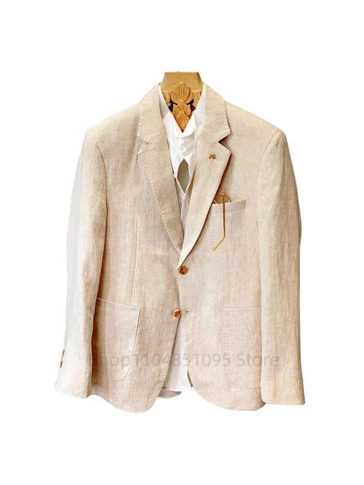 สูทผู้ชายสีเบจ ผ้าลินิน เสื้อเ - Men Linen Formal Wear บทวิจารณ์และราคา